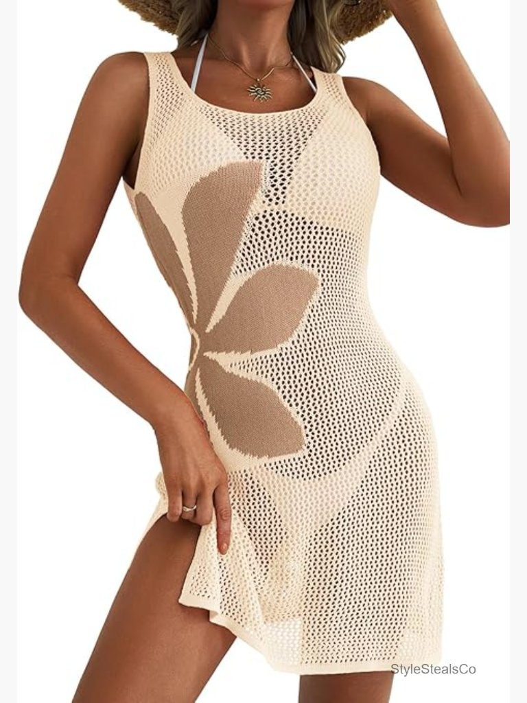 Crochet Beach Floral Hollow Out Slit Bikini Cover Up Dress Sleeveless